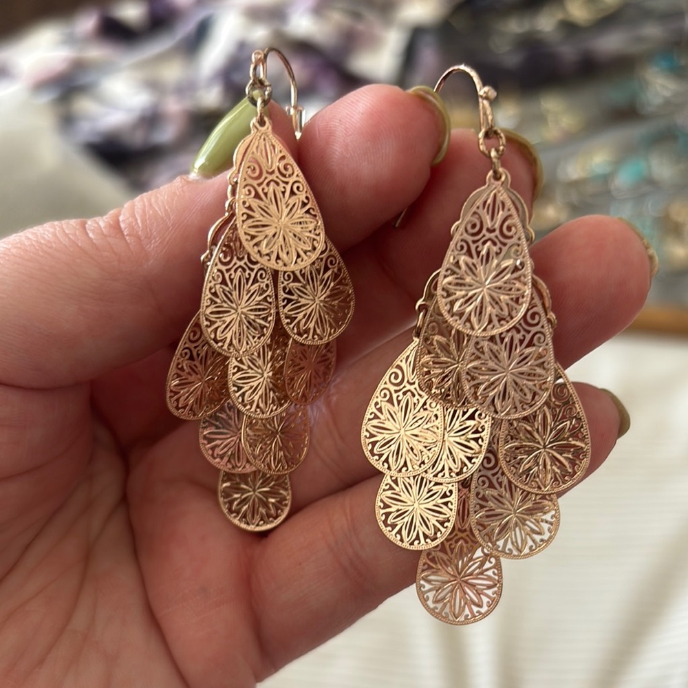 Gold Teardrop Filigree Earrings with Cascading Design